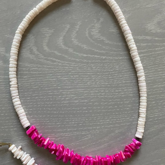 Puka Shell Bundle! 1990’s Necklace Bracelet and Anklet! White Hot Pink Pearl - Picture 2 of 7